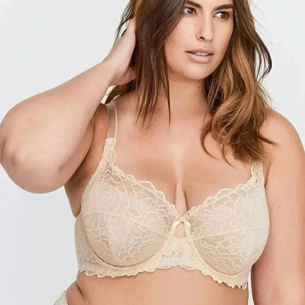 Deesse Unlined Lace Bra Nude Cream Underwire Unpadded Size 42DD